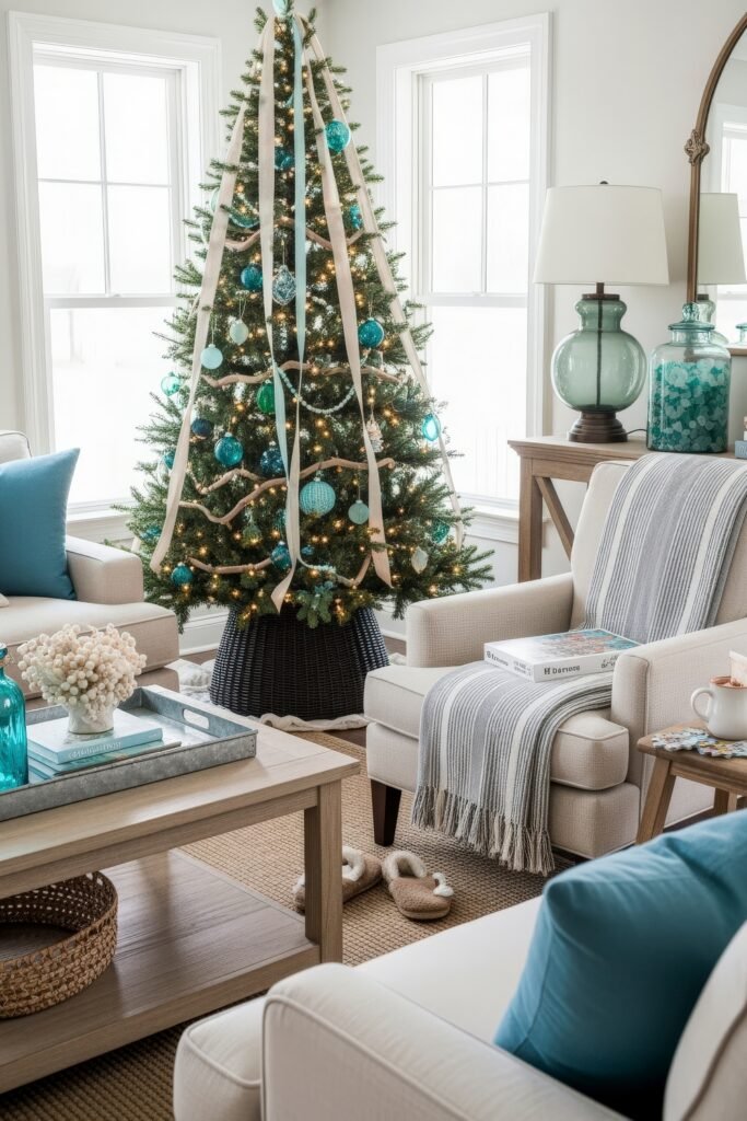 Cozy Holiday Magic With Blue Christmas Décor 9 Neutral living room featuring a Christmas tree decorated with teal and turquoise ornaments, beige ribbon, and soft glowing lights, surrounded by cozy seating and glass accents.