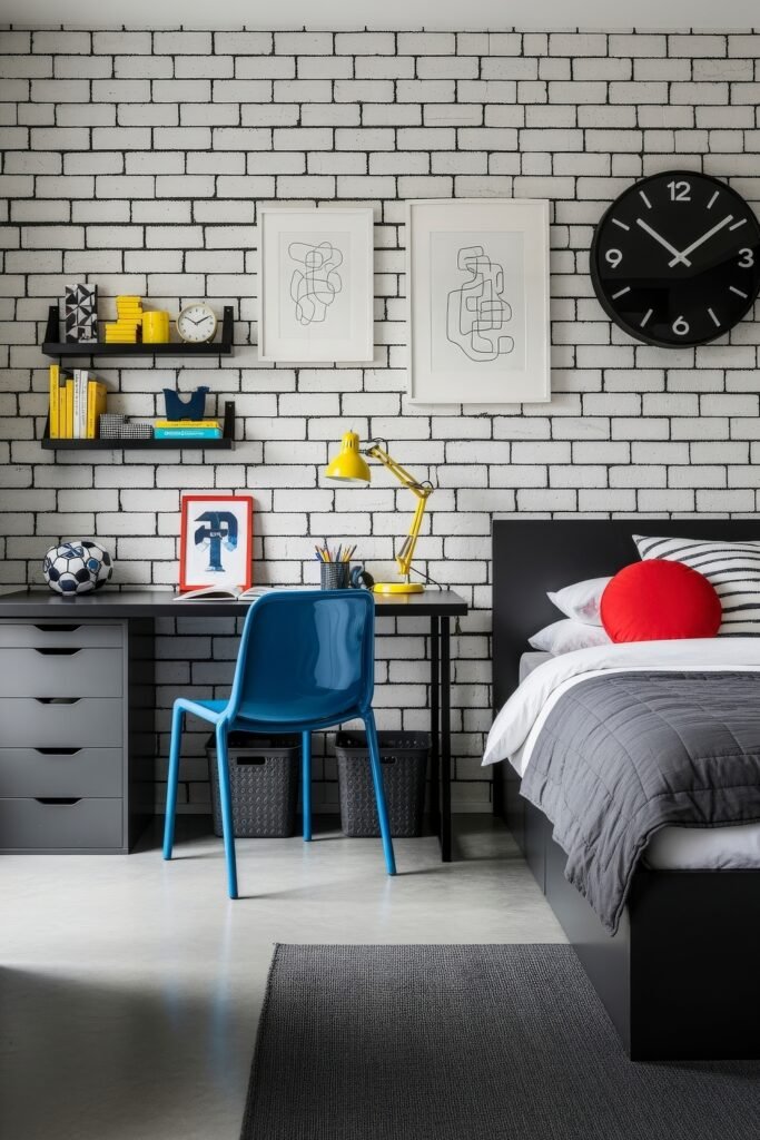 Breezy, Stylish Boys Bedroom Ideas for Modern Families 9 Modern boys bedroom with a graphic black-and-white brick wall, bold pops of yellow, red, and blue in the decor, a sleek study desk, and a minimal yet energetic vibe.