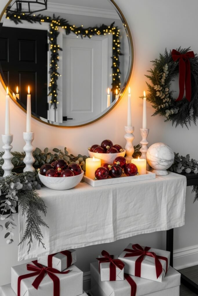 Cozy-Luxe Ideas for Burgundy Christmas Decor 8 Entryway console with white candles, bowls of burgundy ornaments, greenery, and neatly wrapped presents beneath.