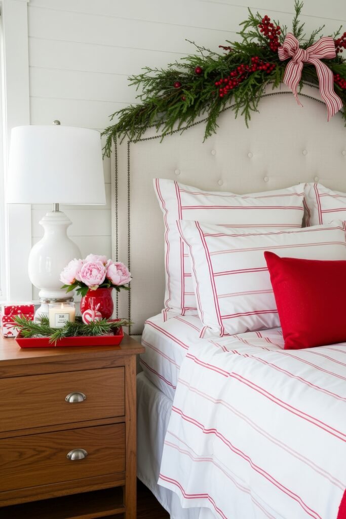Elevate Your Bedroom with Cozy Christmas Bedding 9 Crisp white bedding with red stripes and accent pillows, paired with greenery, red ribbon, and holiday accents for fresh Christmas bedding style.