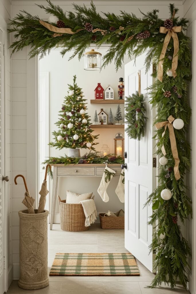 Cozy Christmas Décor for a christmas entryway 9 A welcoming christmas entryway framed in lush greenery garland, with a small tree on a console table, stockings, candles, and festive miniature houses.