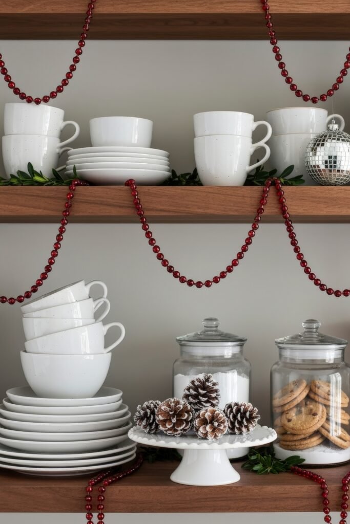 Cozy Ways to Style a Christmas Kitchen That Feels Magical 8 Open wood shelves decorated with red bead garlands, white dinnerware, glass jars of ingredients, and snowy pinecones for a rustic, festive kitchen display.