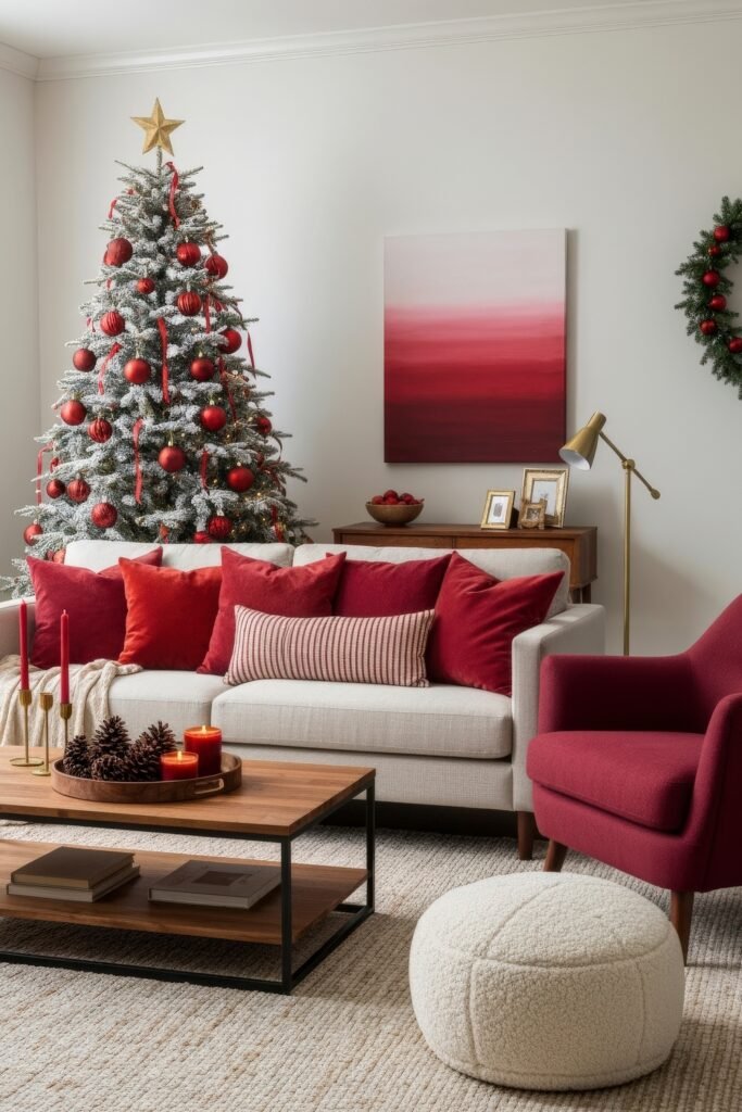 Cozy, Modern Magic for Your christmas living room 11 A cozy christmas living room with a flocked tree decorated in red ornaments and ribbons, a beige sofa with red pillows, and a wooden coffee table with candles and pinecones.