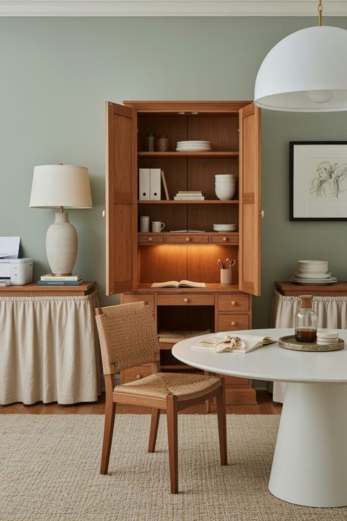 Design-Forward Ways to Style a Dining Room Office Combo 10 Calm dining room with a white round table, woven chair, and a wooden hutch styled with both dinnerware and office supplies, blending workspace and storage.