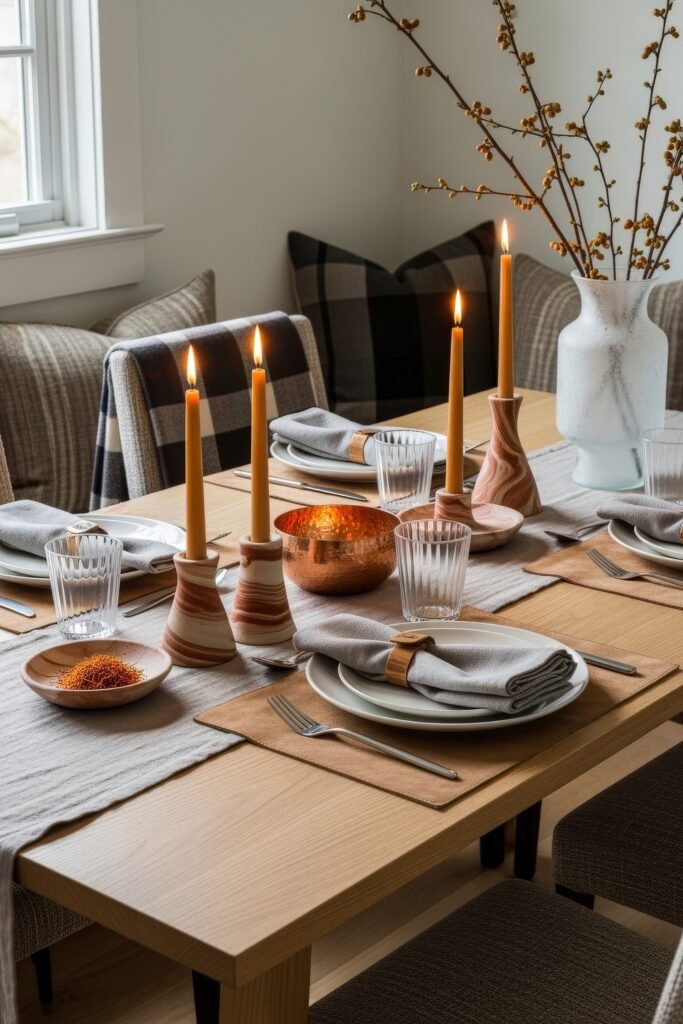 Modern, Cozy Ideas for Fall Thanksgiving Décor 10 A modern dining table decorated with earthy candles, copper accents, and simple place settings for a minimalist Thanksgiving décor.