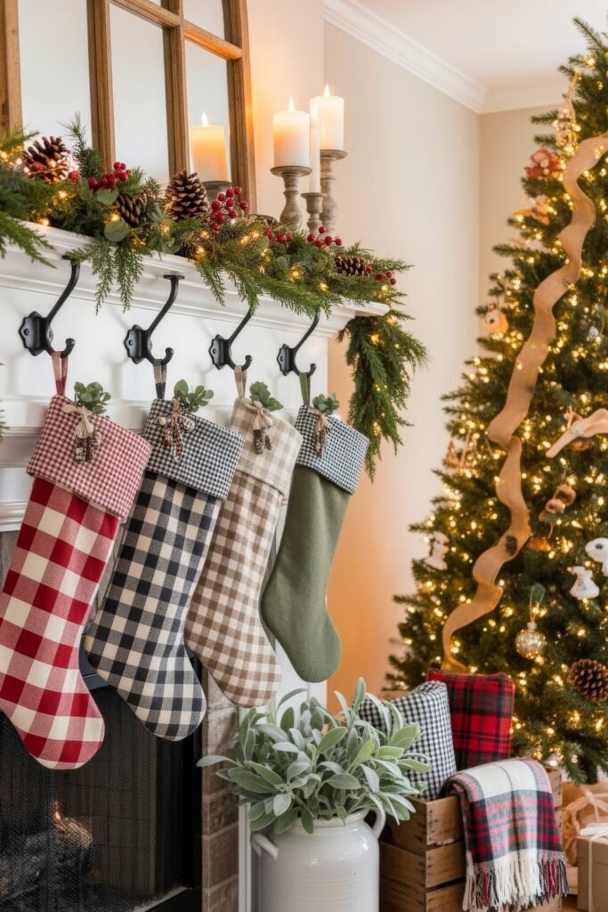 Cozy Ways to Style Farmhouse Christmas Décor 9 Festive mantel display with glowing candles, garland of pinecones and berries, and four plaid stockings, next to a Christmas tree decorated in warm farmhouse style.