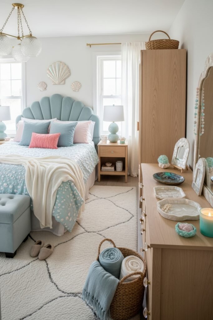 Fresh girls bedroom ideas for a stylish, cozy escape 10 Coastal-inspired bedroom with a seashell-shaped headboard, aqua bedding, and soft pastel accents for a serene retreat.