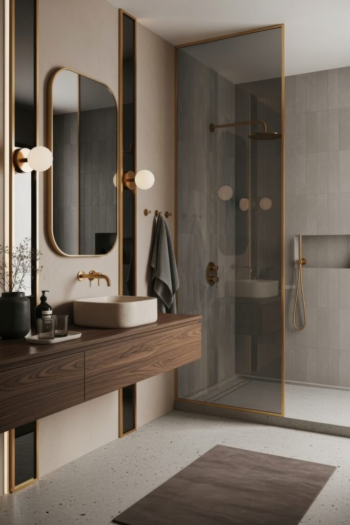 Bathroom Decor Inspo: Fresh Ideas for gold bathroom decor 10 Sleek bathroom featuring a floating wood vanity, vessel sink, tall mirrors with gold trim, and a glass shower enclosure with matching gold bathroom decor.