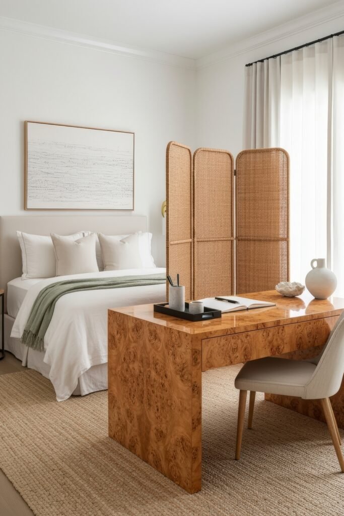 Clever Ways to Style a Home Office Guest Room Combo 9 Modern guest room and workspace divided by a woven rattan folding screen, with a glossy wood desk complementing the crisp white bedding accented in sage.