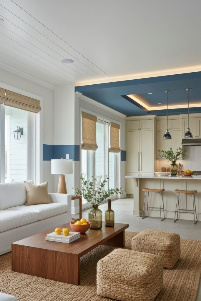 Smart Ways to Style a Kitchen and Living Room Combo 10 Fresh and modern kitchen and living room combo with a bold blue ceiling accent, crisp white cabinetry, and woven textures, blending relaxed seating and minimalist kitchen styling with natural light.