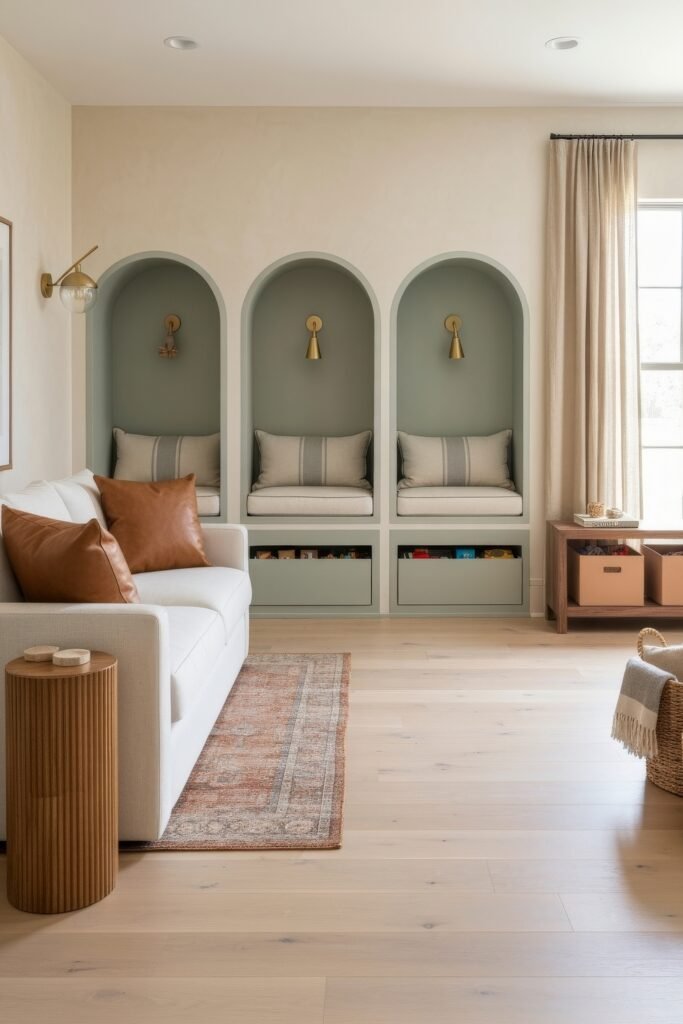 A Living Room Playroom Combo That Works 9 Family lounge with arched built-in seating alcoves, green-gray cushions, toy storage drawers, and a white sofa with leather pillows.