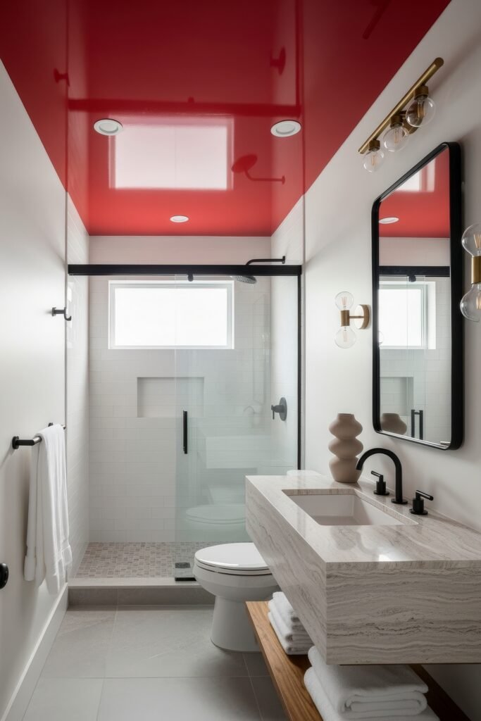 13 Bold Ideas for Red Bathroom Decor That Wow 9 Sleek bathroom with glossy red ceiling, black fixtures, and light stone vanity, featuring a glass-enclosed shower and minimalist bathroom decor.