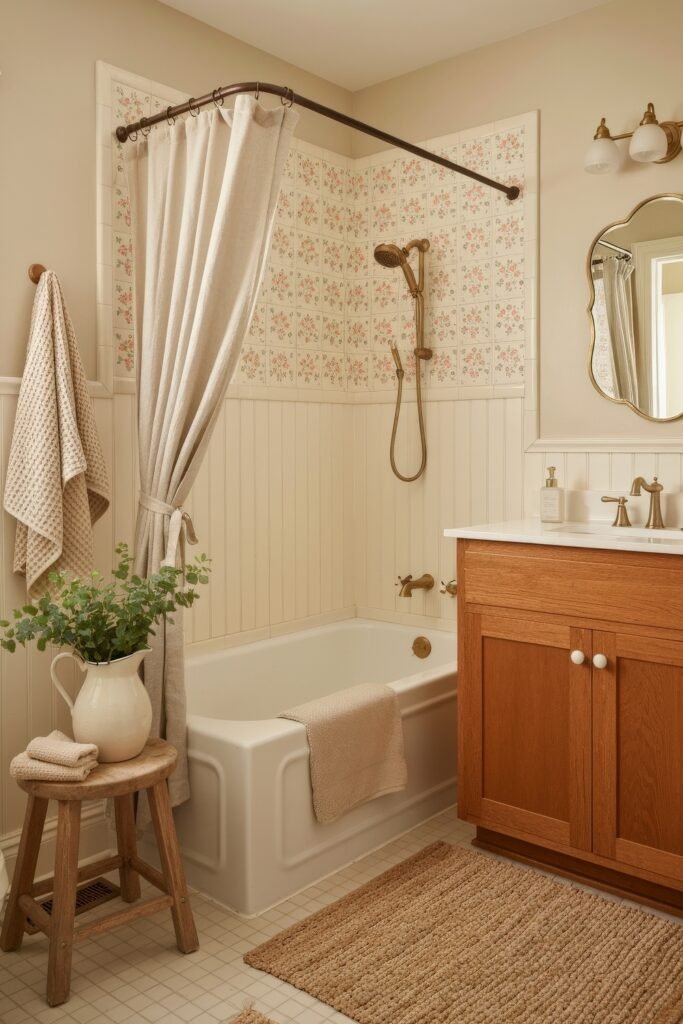 Fresh, Stylish Ways To Elevate Your Tub Shower Combo 10 Vintage-inspired bathroom with a tub shower combo, brass fixtures, floral wall tiles above beadboard, beige curtain, wood vanity, and stool with ceramic pitcher and greenery.