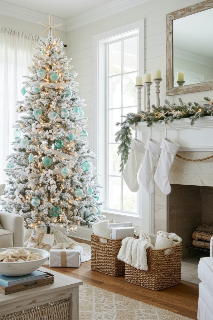 Airy living room with a frosted Christmas tree decorated in teal and white ornaments, a garland-trimmed mantel with white stockings, and woven baskets filled with blankets.