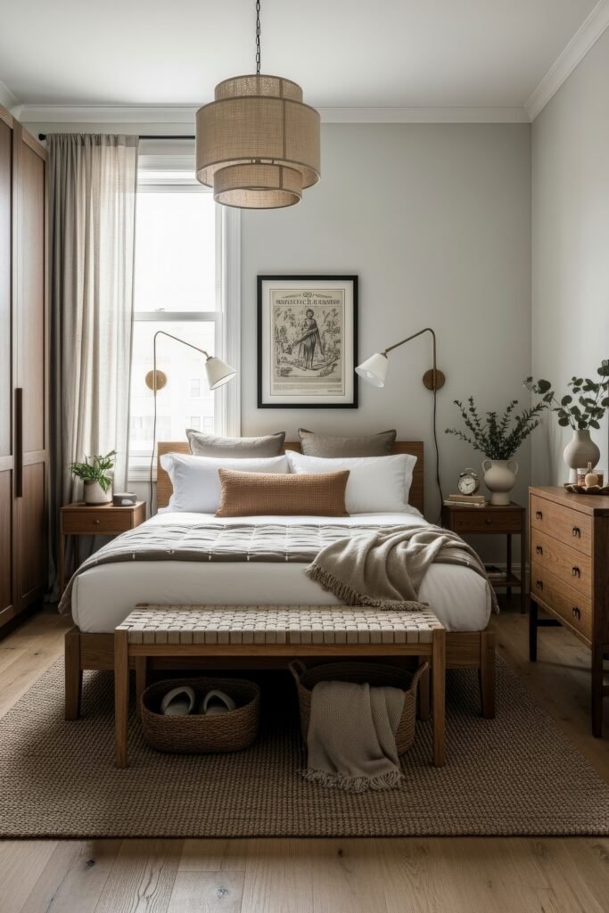 Classic bedroom with a wood bed, neutral bedding, warm lighting, and decorative greenery, styled with timeless charm.