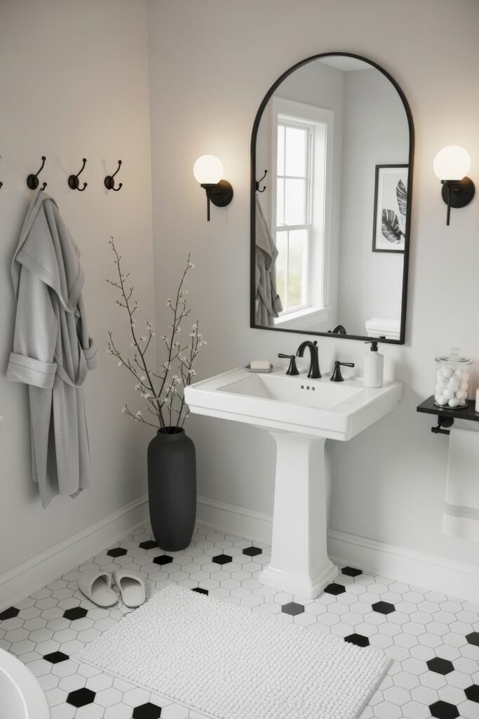 Fresh Ideas for Black and White Bathroom Decor 11 Elegant bathroom with a white pedestal sink, arched mirror, and hexagonal black-and-white tile floor, accented by a matte black vase with flowering branches and soft ambient lighting.