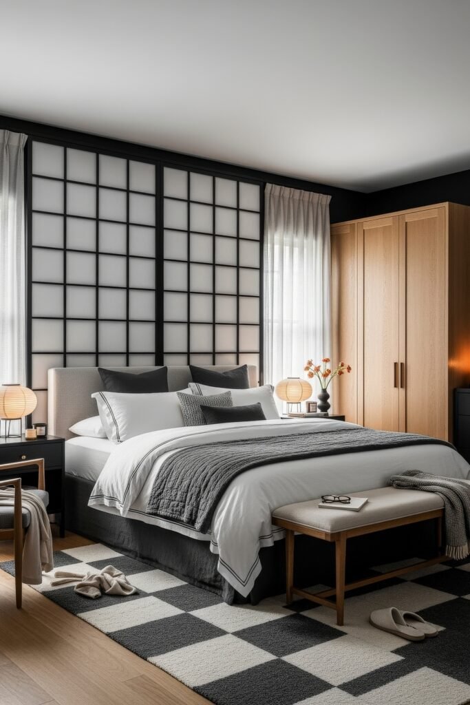Bedroom with Japanese-inspired black grid wall panels, a neatly made bed with gray and white bedding, natural wood furniture, and a black-and-white checkered rug.