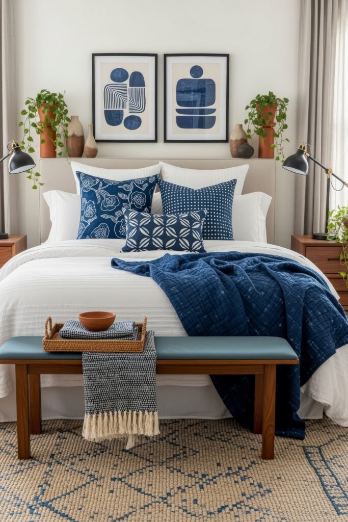 Fresh blue bedroom ideas for a calm, chic retreat 11 Bright bedroom with white bedding, blue patterned pillows, abstract blue artwork, and a wooden bench with a woven tray.