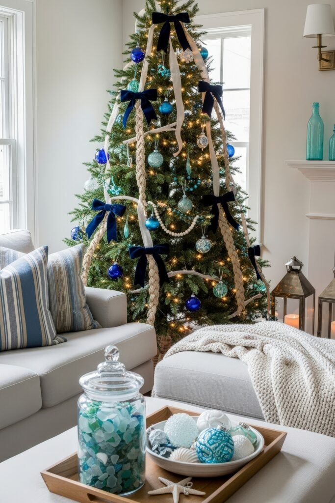 Cozy Holiday Magic With Blue Christmas Décor 10 Holiday living space with a Christmas tree decorated in deep blue and aqua ornaments, beige garland, and navy bows, paired with striped pillows and coastal-inspired accents for blue Christmas décor.
