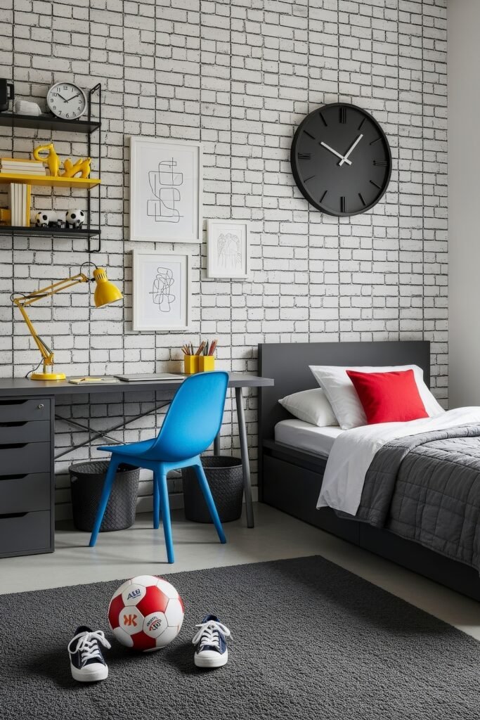 Breezy, Stylish Boys Bedroom Ideas for Modern Families 10 Modern boys bedroom featuring a white brick accent wall, black furniture, a bold red pillow, yellow desk lamp, and soccer-themed accessories including a ball and sneakers on the gray rug.