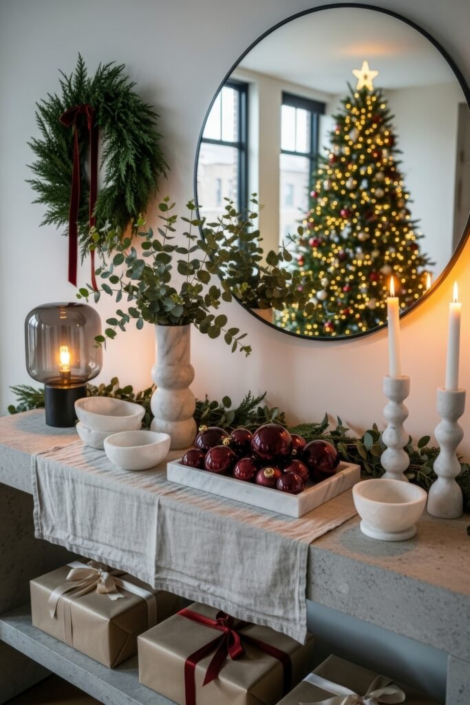 Cozy-Luxe Ideas for Burgundy Christmas Decor 9 Console table with greenery, candles, and bowls of burgundy ornaments, with a Christmas tree reflected in a round mirror.