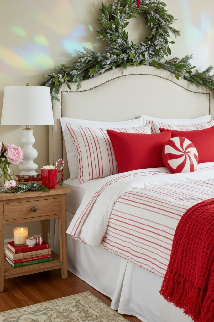 Elevate Your Bedroom with Cozy Christmas Bedding 10 White and red striped christmas bedding with bold red pillows and knit throw, topped with a peppermint accent pillow and snowy wreath above the headboard.