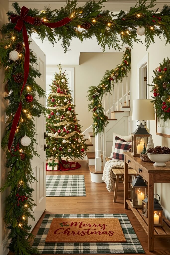 Cozy Christmas Décor for a christmas entryway 10 A festive hallway entry decorated with glowing garland, a red-and-gold Christmas tree, and a wooden console table styled with candles, greenery, and lanterns.