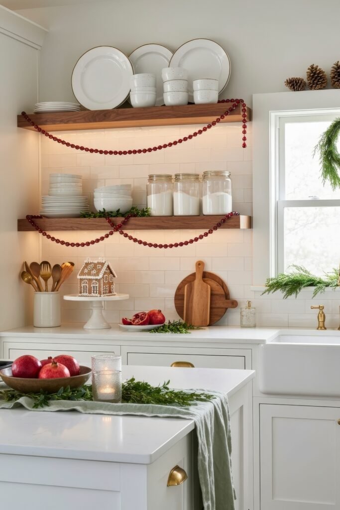 Cozy Ways to Style a Christmas Kitchen That Feels Magical 9 Bright kitchen with red accents, open shelving lined with jars and plates, a gingerbread house, fresh pomegranates, and greenery adding natural Christmas charm.