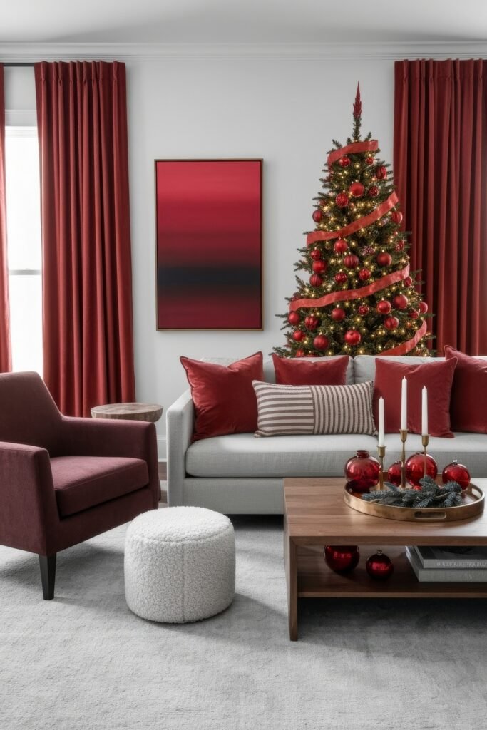 Cozy, Modern Magic for Your christmas living room 12 A festive living room with a glowing Christmas tree wrapped in red ribbon, a light sofa with red pillows, burgundy armchair, and a modern coffee table with candles and ornaments.