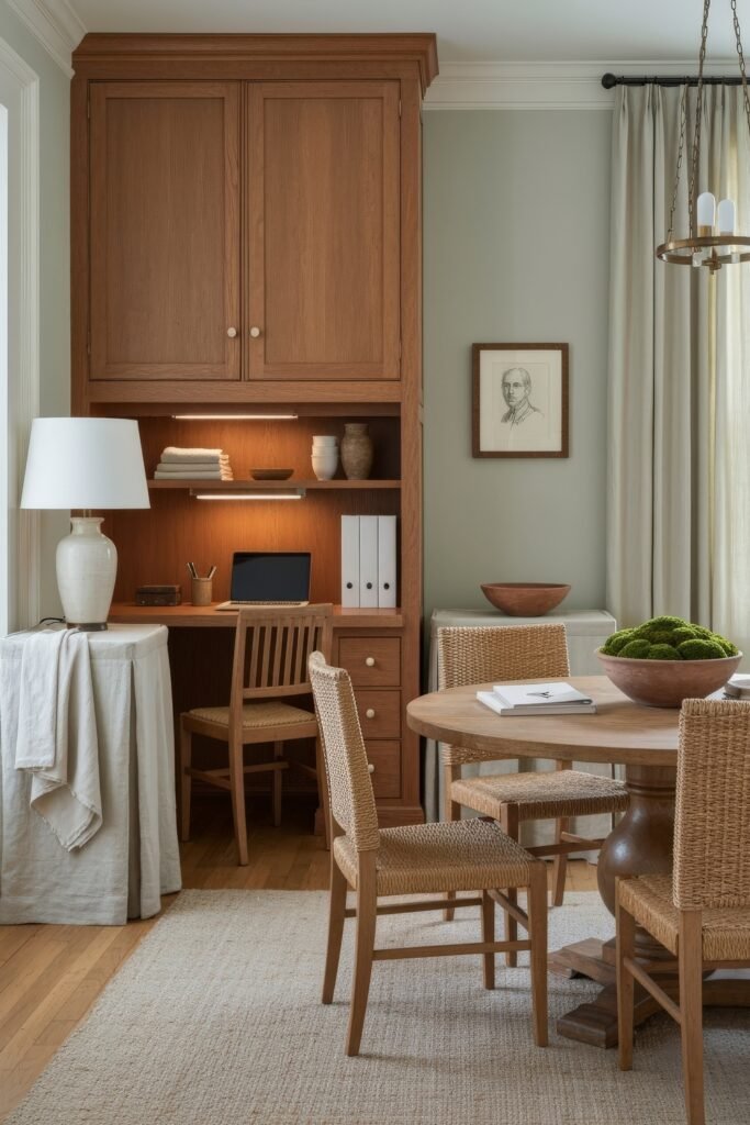Design-Forward Ways to Style a Dining Room Office Combo 11 Warm dining room office combo with a built-in wooden desk, woven chairs around a round table, and natural accents like pottery and greenery.