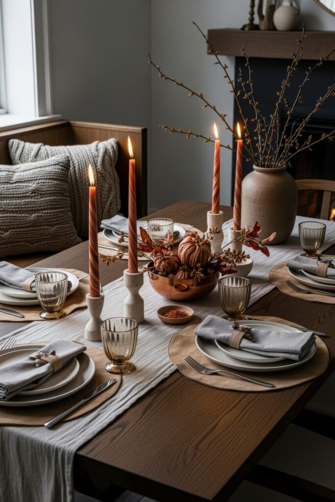 Modern, Cozy Ideas for Fall Thanksgiving Décor 11 A cozy dining table decorated with striped candles, neutral linens, and a wooden bowl filled with fabric pumpkins and autumn leaves for warm Thanksgiving décor.