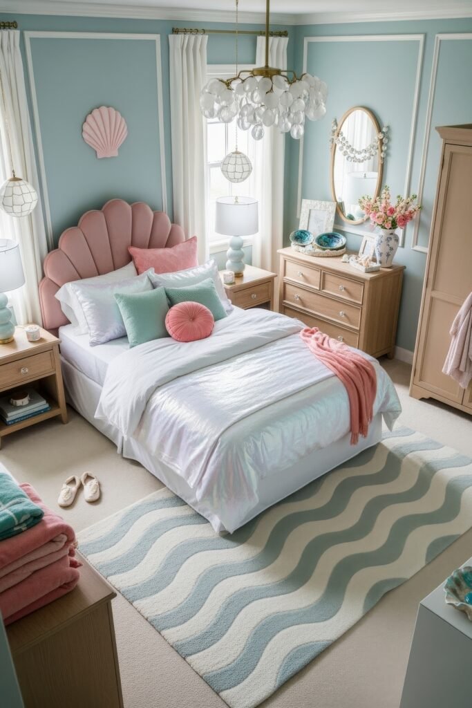 Fresh girls bedroom ideas for a stylish, cozy escape 11 Playful coastal bedroom with a seashell-shaped pink headboard, aqua accents, and a wavy patterned rug for whimsical girls bedroom ideas.