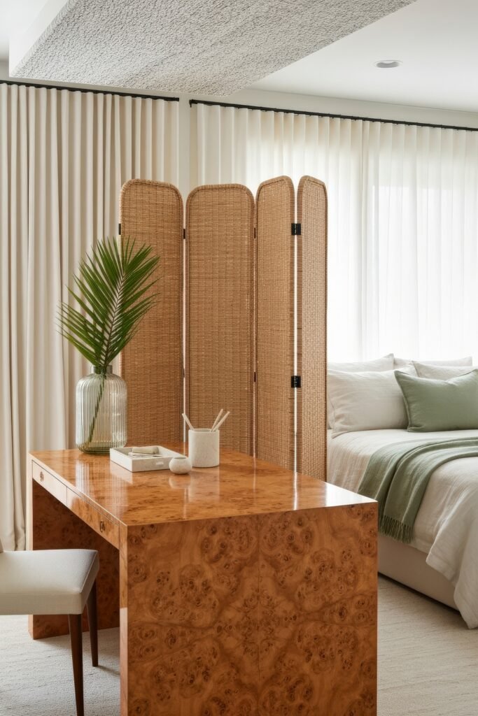 Clever Ways to Style a Home Office Guest Room Combo 10 Serene home office guest room combo featuring a natural wood desk, rattan room divider, and bed dressed in white and green with layered neutral textures.