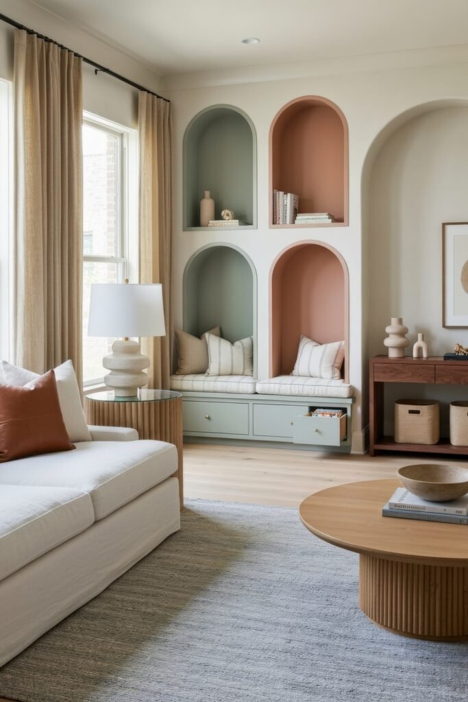 A Living Room Playroom Combo That Works 10 Playful living room featuring stacked arched built-ins in sage green and terracotta, with cushioned benches, hidden storage, and a cozy sofa nearby.