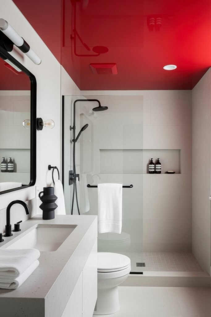 13 Bold Ideas for Red Bathroom Decor That Wow 10 Minimalist bathroom with red ceiling, matte black fixtures, and white vanity, featuring a walk-in glass shower and modern styling.