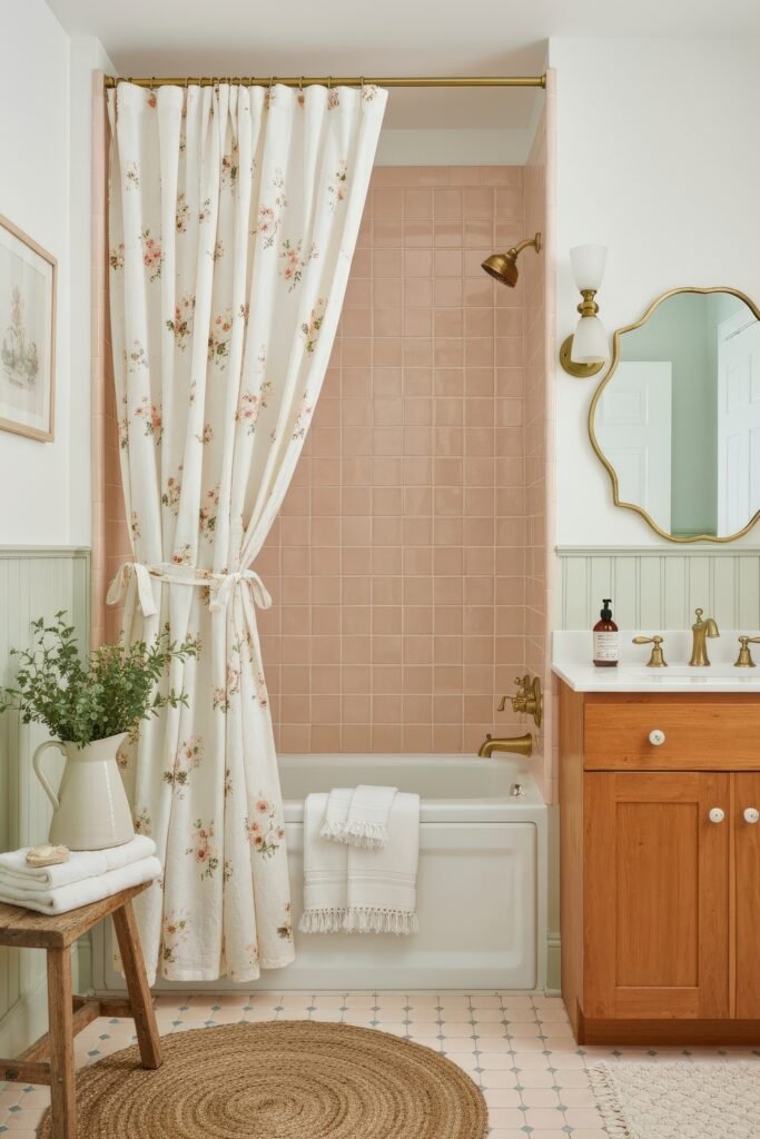 Fresh, Stylish Ways To Elevate Your Tub Shower Combo 11 Vintage-style bathroom with a pink tiled tub shower combo, floral curtain, brass fixtures, wood vanity, and round woven rug.