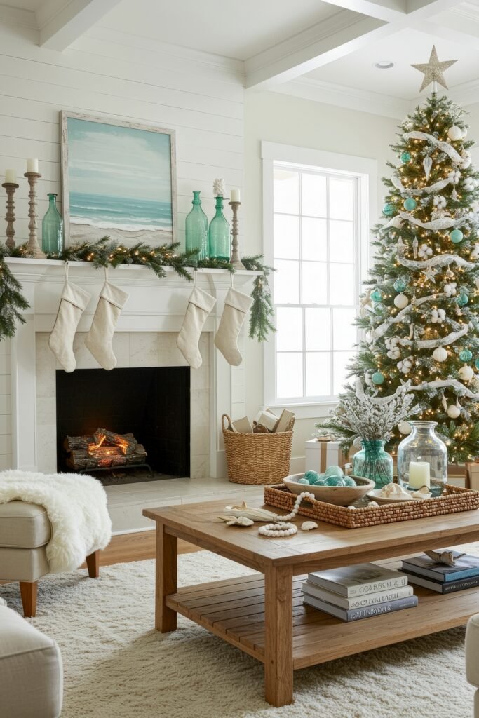 Coastal-inspired living room with a Christmas tree in teal and silver ornaments, a mantel decorated with greenery, candles, and glass bottles, and a rustic coffee table styled with beachy touches.
