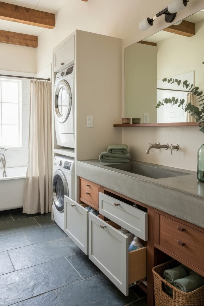 Stylish Small Spaces: Bathroom Laundry Combo 9 Bathroom with rustic beams, stone floor, concrete vanity, and a stacked washer and dryer positioned near a windowed bathtub.