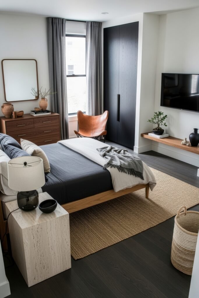 Effortlessly Stylish bedroom ideas for men That Feel Personal 10 Moody modern bedroom with a dark wood floor, black-and-wood wardrobe, light wood bedframe, and cozy woven textures, ideal for understated bedroom ideas for men.