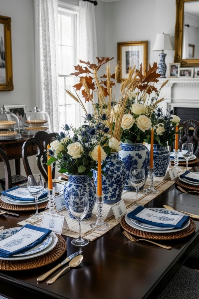 Fresh Ways to Style Blue Thanksgiving Table Décor 9 Elegant blue thanksgiving table décor with patterned vases of roses, golden wheat, candles, and coordinated blue napkins.
