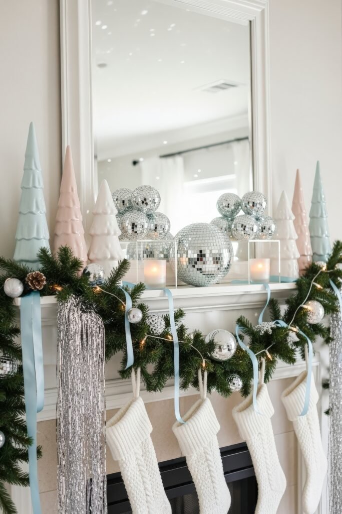 Playful pastel Christmas mantle with ceramic trees, disco ball ornaments, silver garland, and white knit stockings.