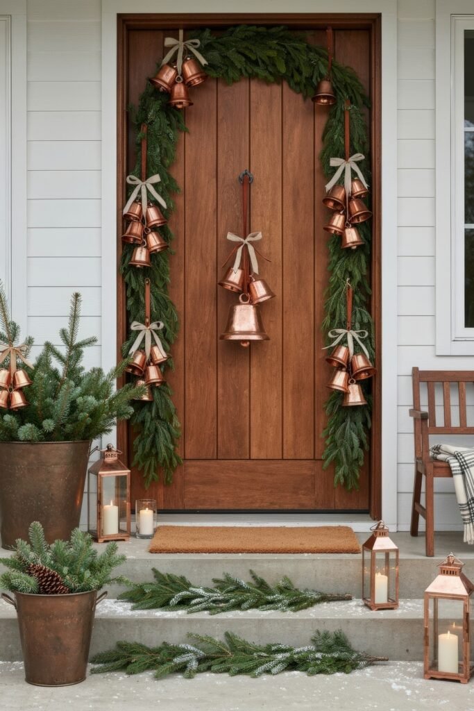 Cozy Entry Magic for christmas porch décor 9 Wooden door framed with fresh garland and clusters of copper bells, paired with potted evergreens, lanterns, and a plaid blanket on a bench.