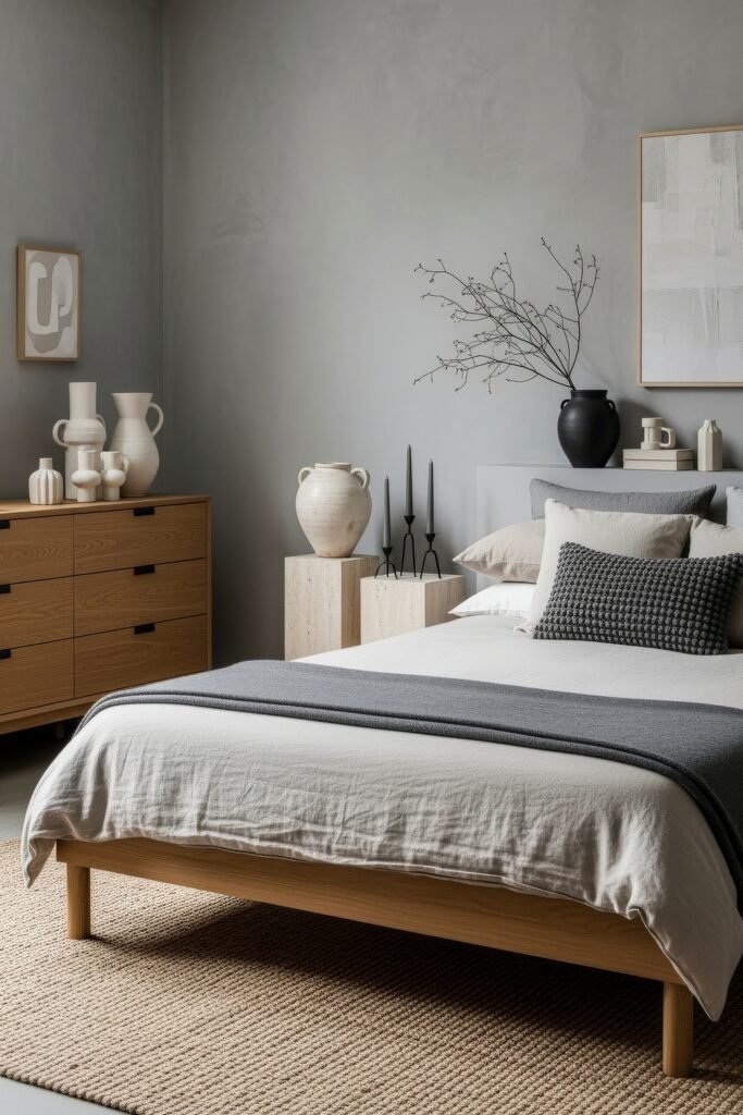 Grey bedroom ideas for a calm, stylish retreat 10 Minimalist bedroom design with a light wood bed frame, layered grey and cream bedding, natural textures, and ceramic accents.