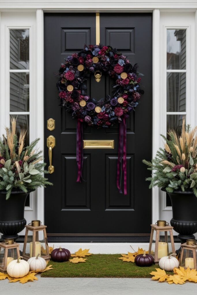 Warm, Modern Thanksgiving Door Decorations to Welcome Fall 7 Black door with a dramatic wreath of deep red and purple flowers, gold medallion accents, and ribbon tails, paired with urns of greenery, pumpkins, and lanterns for an elegant fall entry.