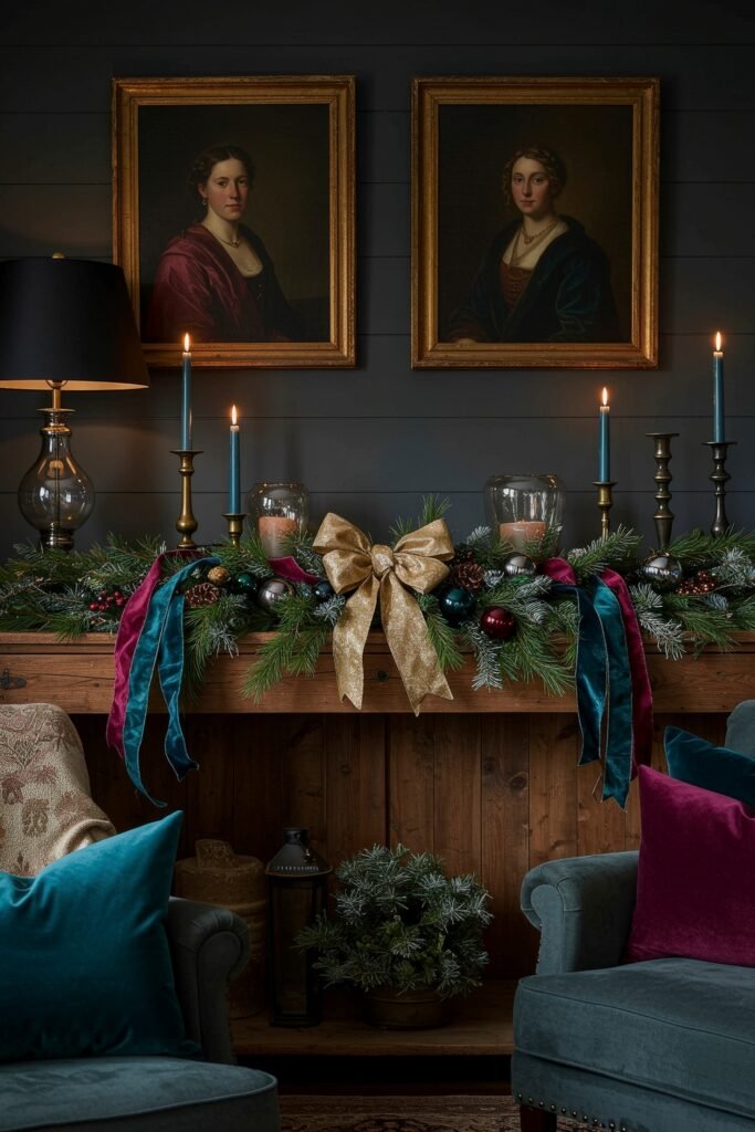 Cozy, Collected Magic With Vintage Christmas Decor Ideas 10 Dark wood console adorned with evergreen garland, velvet ribbons, ornaments, pinecones, candles, and a gold bow, placed beneath classic portraits, evoking vintage Christmas décor ideas.