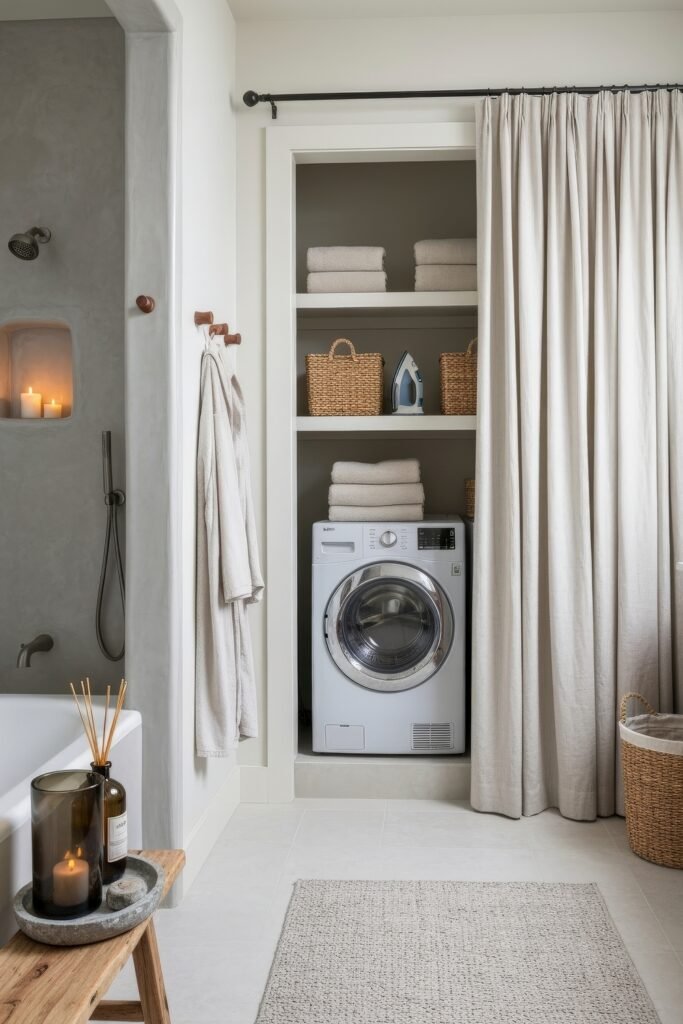 Stylish Small Spaces: Bathroom Laundry Combo 10 Neutral bathroom with a bathtub, shelving for towels and baskets, and a washer tucked neatly under the storage space with a curtain option for concealment.