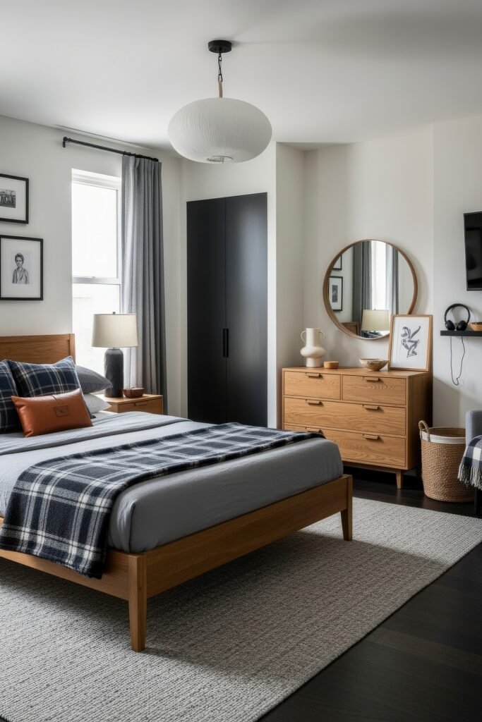 Effortlessly Stylish bedroom ideas for men That Feel Personal 11 Modern bedroom with a wood bed frame, gray bedding, plaid blanket, and matching dresser with a round mirror, styled with simple decor and soft gray curtains.