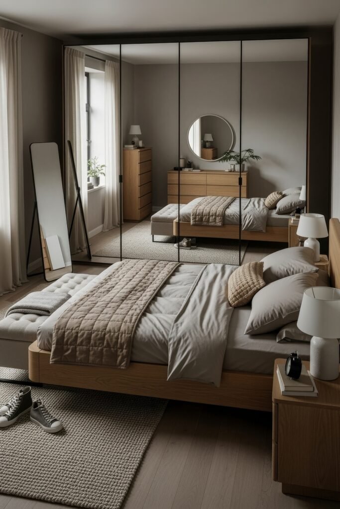 Modern bedroom with mirrored wardrobes, a low wood bed, neutral bedding, and cozy accents, styled for functional bedroom ideas for small rooms.