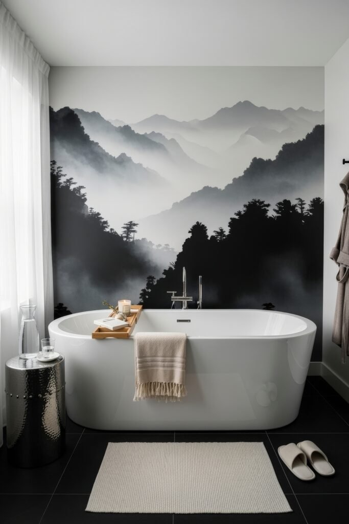 Fresh Ideas for Black and White Bathroom Decor 12 Serene bathroom featuring a freestanding white tub, black tile floor, and a misty mountain mural in monochrome tones, blending spa-like calm with black and white bathroom decor.
