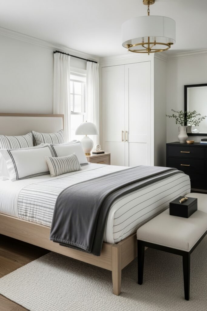 Elegant bedroom featuring a light wood bed with striped white bedding, gray throw blanket, and modern lighting, styled with black and gold accents.